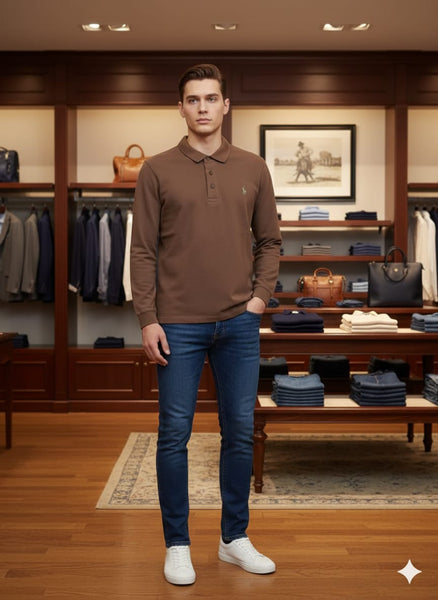Classic Brown Long-Sleeve Polo T-Shirt – Smart Casual Style