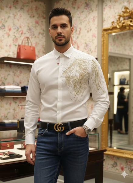 Men’s Premium White Shirt with Elegant Gold Lion Design