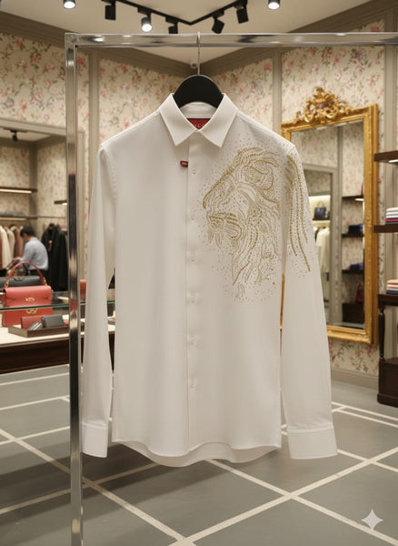 Men’s Premium White Shirt with Elegant Gold Lion Design
