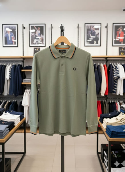 Men’s Olive Green Long-Sleeve Polo T-Shirt with Classic Collar