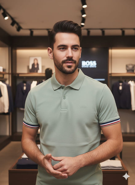 Men’s Premium Sage Green Polo T-Shirt Classic Fit with Tipped Sleeves