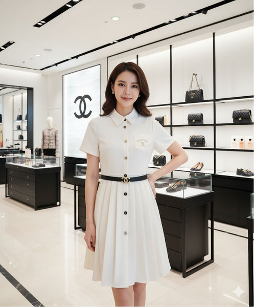 Elegant White Button-Down Pleated Shirt Dress with Logo Belt