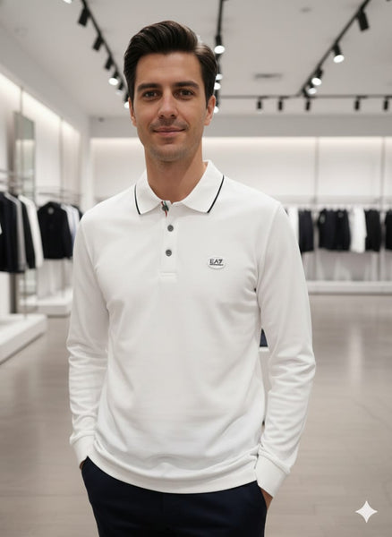 Men’s Premium White Full Sleeve Polo T-Shirt Classic Collar with Logo Detail