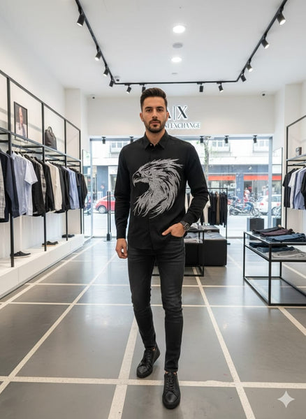 Premium Brand Eagle Print Black Shirt Bold Luxury Style