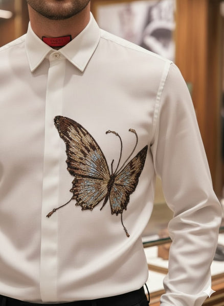 Men’s Premium Designer White Shirt with Butterfly Artwork
