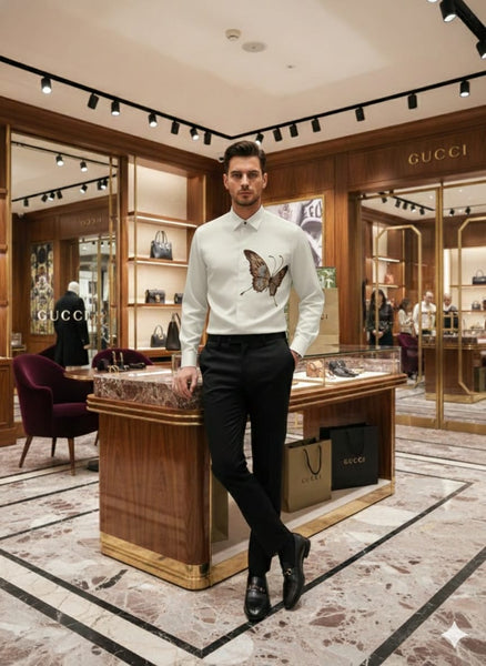 Men’s Premium Designer White Shirt with Butterfly Artwork