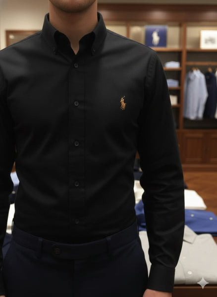 Classic Black Button-Down Shirt with Signature Embroidery