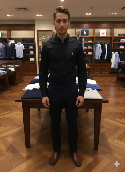 Classic Black Button-Down Shirt with Signature Embroidery