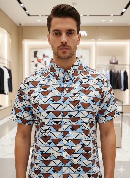 Luxury Blue Geometric Print Short-Sleeve Oversize Shirt