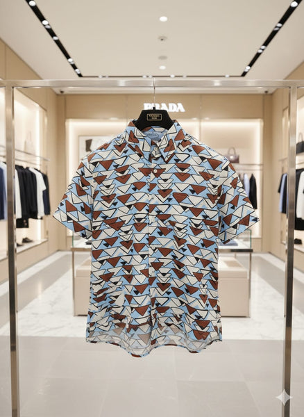 Luxury Blue Geometric Print Short-Sleeve Oversize Shirt