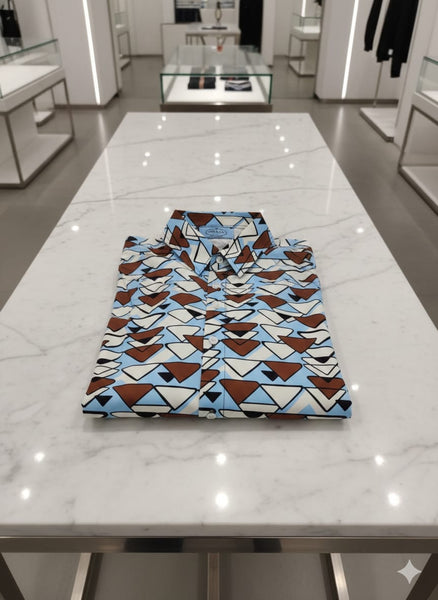 Luxury Blue Geometric Print Short-Sleeve Oversize Shirt