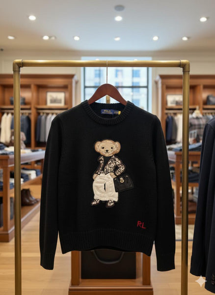 Women’s Luxury Black Pullover with Cute Bear Appliqué