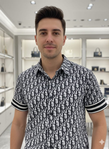 Luxury Black Monogram Designer Half-Sleeve Shirt