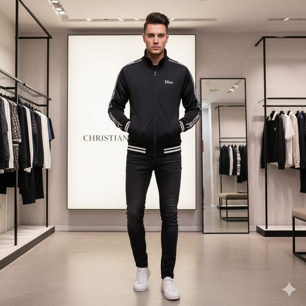 Black Premium Zip-Up Track Jacket with Logo Tape