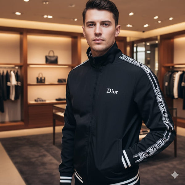 Black Premium Zip-Up Track Jacket with Logo Tape