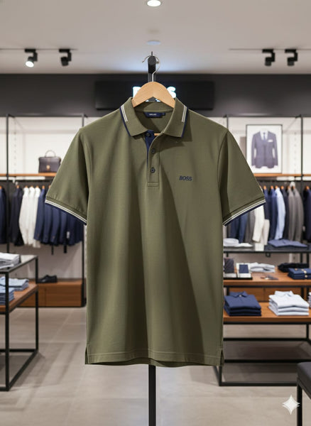 Luxury Imported  Olive Green Polo T-Shirt with Classic Trim