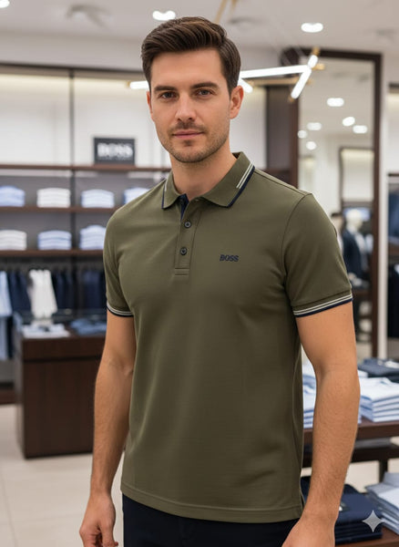 Luxury Imported  Olive Green Polo T-Shirt with Classic Trim