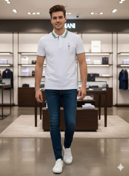 Men’s Premium White Polo T-Shirt with Green Trim