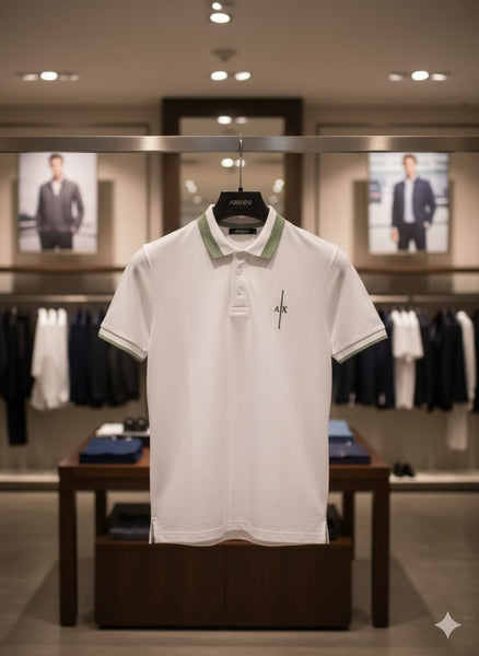 Men’s Premium White Polo T-Shirt with Green Trim