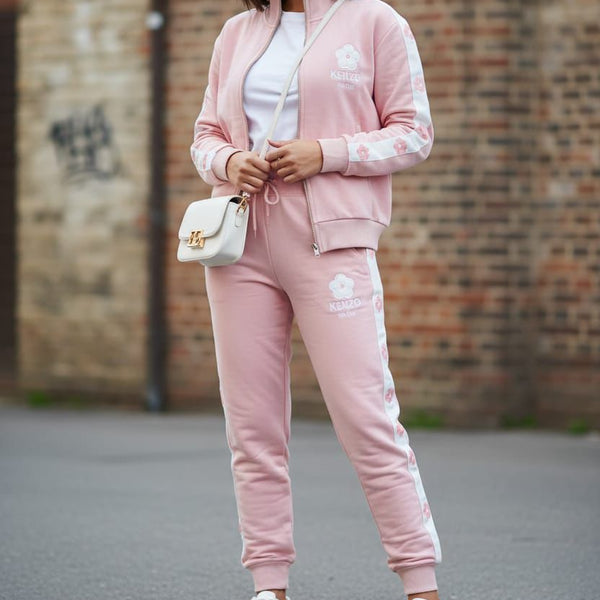 Luxurious  Floral Trim Pink Track Set Lower and jacket For Women
