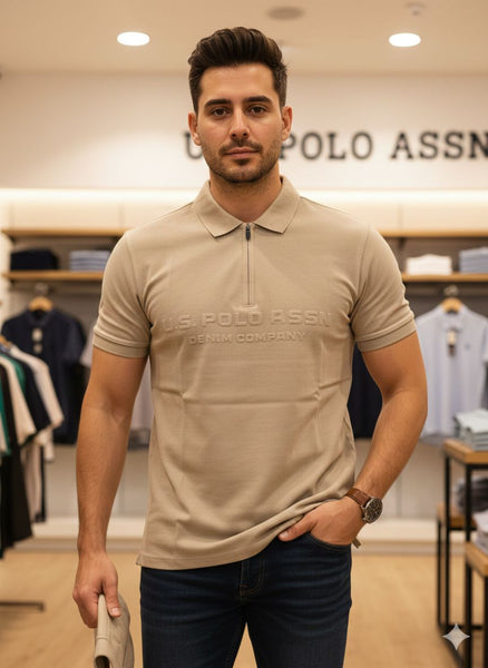 Men’s Beige Zip-Neck Polo T-Shirt with Embossed Logo Design