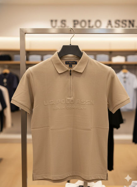 Men’s Beige Zip-Neck Polo T-Shirt with Embossed Logo Design