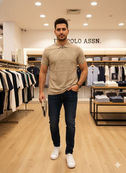 Men’s Beige Zip-Neck Polo T-Shirt with Embossed Logo Design