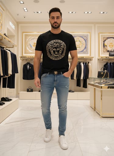 Gold Medusa Print Black Luxury T-Shirt