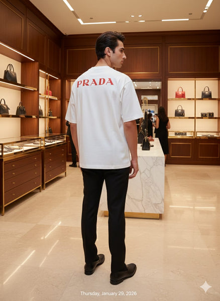 Luxury Brand White Drop Shoulder T-Shirt with Iconic Triangle Logo Print