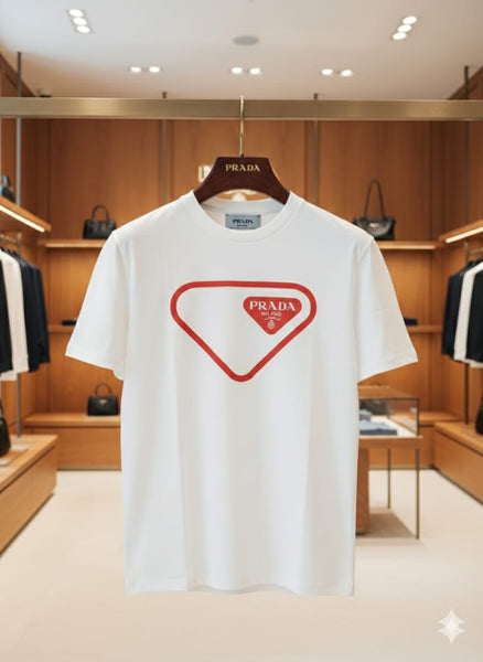 Luxury Brand White Drop Shoulder T-Shirt with Iconic Triangle Logo Print