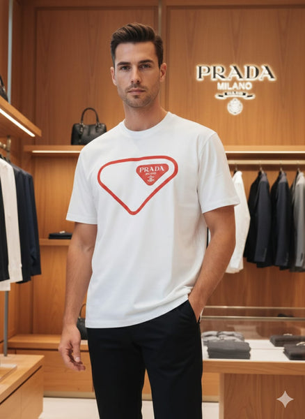 Luxury Brand White Drop Shoulder T-Shirt with Iconic Triangle Logo Print