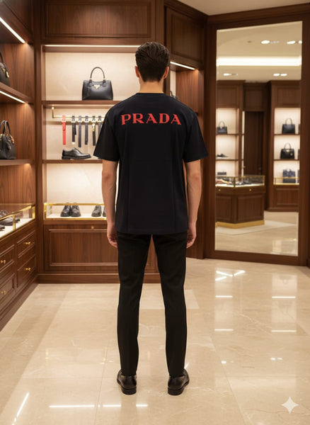 Luxury Black Drop shoulder T-Shirt with Bold Red Triangle Logo Print