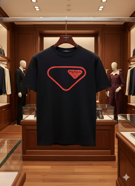 Luxury Black Drop shoulder T-Shirt with Bold Red Triangle Logo Print