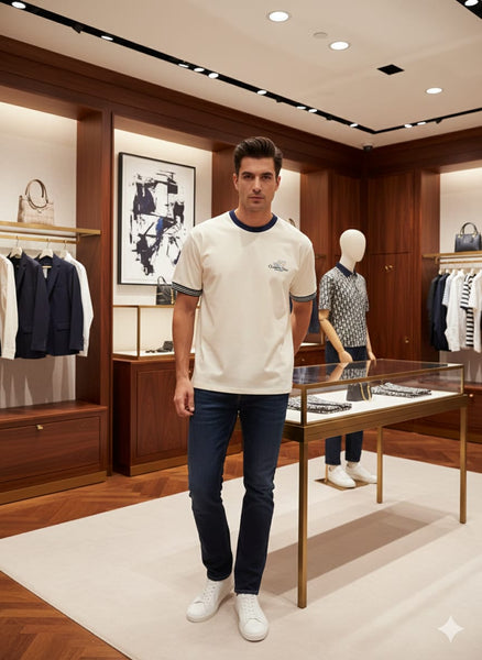 Imported Off-White Oversized T-Shirt with Navy Contrast Collar & Sleeve Stripes