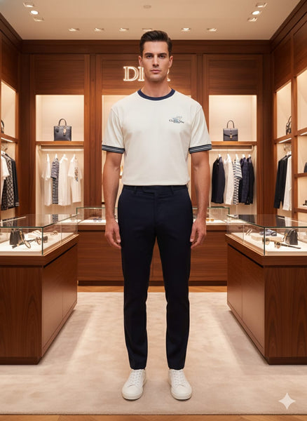 Imported Off-White Oversized T-Shirt with Navy Contrast Collar & Sleeve Stripes