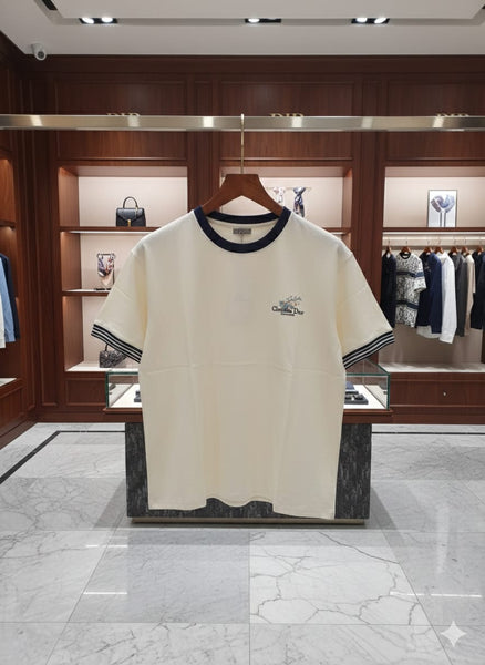 Imported Off-White Oversized T-Shirt with Navy Contrast Collar & Sleeve Stripes