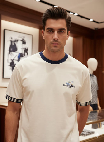 Imported Off-White Oversized T-Shirt with Navy Contrast Collar & Sleeve Stripes