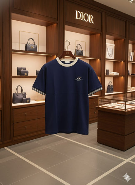 Premium Oversized Navy Blue T-Shirt with Contrast Collar & Striped Sleeves