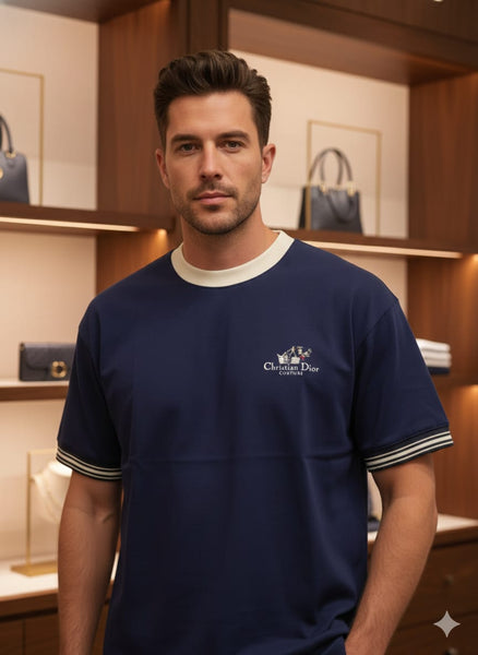 Premium Oversized Navy Blue T-Shirt with Contrast Collar & Striped Sleeves
