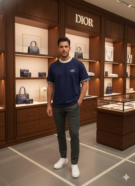 Premium Oversized Navy Blue T-Shirt with Contrast Collar & Striped Sleeves