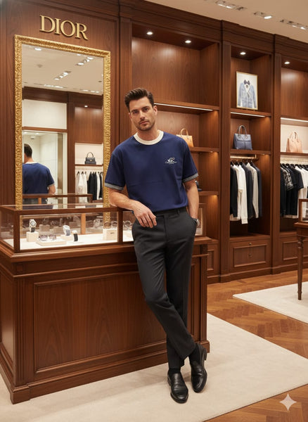 Premium Oversized Navy Blue T-Shirt with Contrast Collar & Striped Sleeves