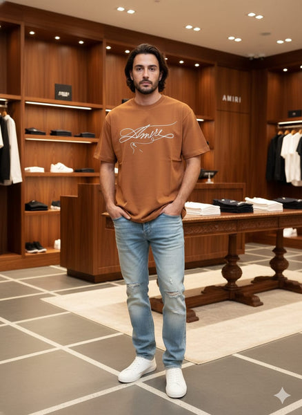 Brown Premium Drop Shoulder T-Shirt with Signature Script Logo