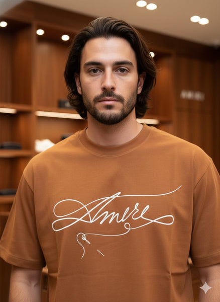 Brown Premium Drop Shoulder T-Shirt with Signature Script Logo