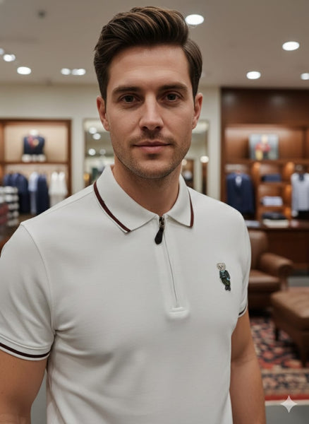 Imported Brand  Zip-Neck Polo T-Shirt with Signature Bear Logo