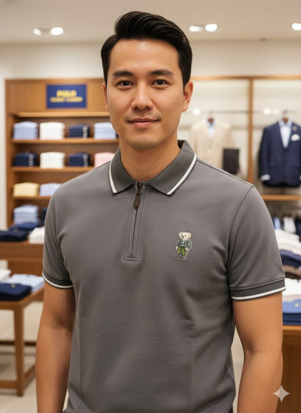 Men’s Premium Zip-Neck Polo T-Shirt with Embroidered Bear