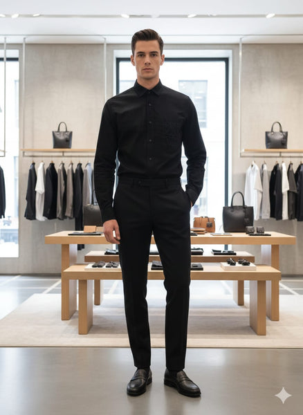 Men’s Classic Black Shirt with Embroidered Chest Detail