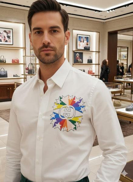 Men’s Luxury White Shirt with Colorful Embroidered Chest Design