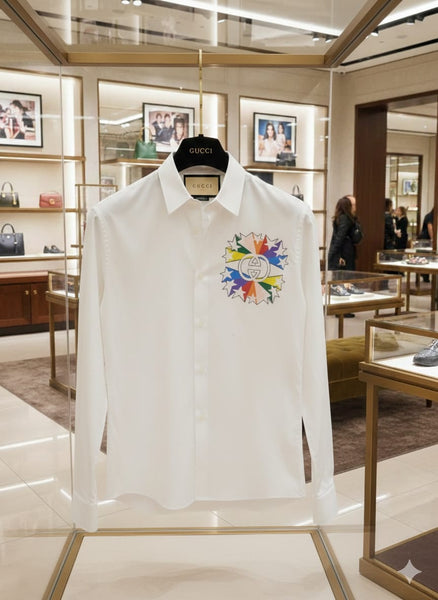 Men’s Luxury White Shirt with Colorful Embroidered Chest Design