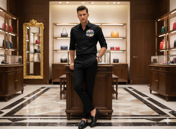 Men’s Premium Black Designer Shirt with Multicolor Emblem