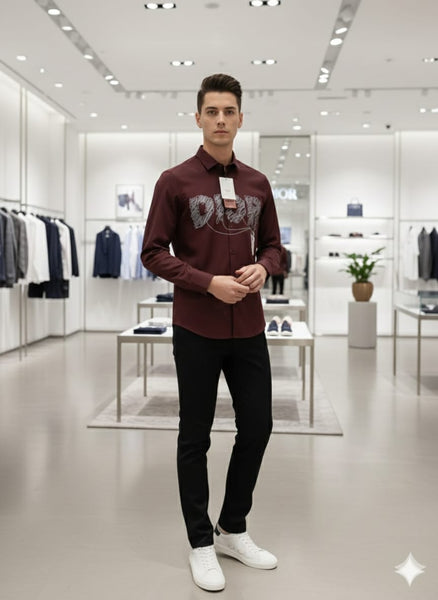 Men’s Luxury Brown Designer Shirt with Artistic Front Print